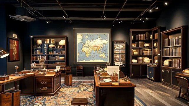 Vintage-style library with wooden desk and globe