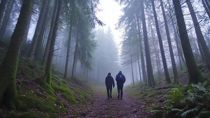 Obraz premium Two hikers walking misty forest path green moss trees fog view calm dark mood woods image light