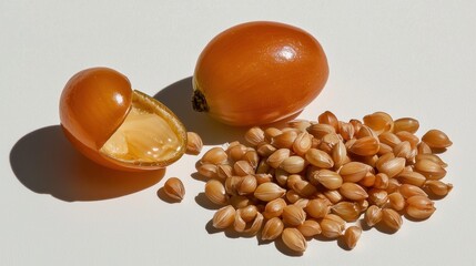 Grape seeds isolated on crisp white surface, randomly spread, clean botanical shot