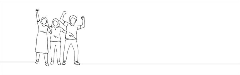 Cheerful crowd cheering continuous one line drawing. Hands up. Group of applause people.