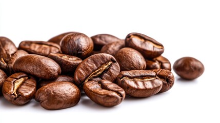 Fototapeta premium An attractive cluster of roasted coffee beans sits on a white background, emphasizing simplicity and purity while highlighting the product's natural beauty and appeal.