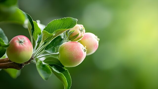 A branch of an apple tree featuring small, unripe apples surrounded by green leaves. Concept Apple Tree Branch, Unripe Apples, Green Leaves, Nature Photography, Fruit Growth