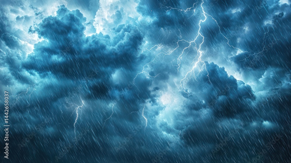 Poster thunderclouds with multiple lightning strikes and rain showers on white background.