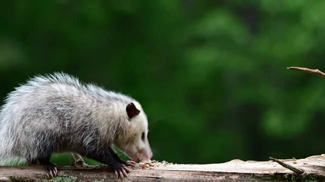 Possum feeding on Cedar log in the woods of the North Carolina Piedmont