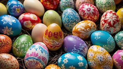 A colorful assortment of beautifully decorated Easter eggs, showcasing intricate designs and vibrant colors. Perfect for celebrating the Easter holiday and adding a festive touch to your spring decor.