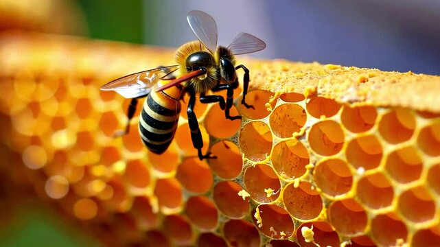 Close-up of a honey bee busily working on a honeycomb in a sunny garden, showcasing nature pollination process