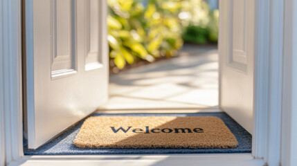 Open door with welcome mat on tiled entranceway, concept of inviting entry