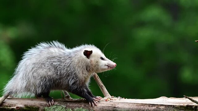 Possum feeding on Cedar log in the woods of the North Carolina Piedmont
