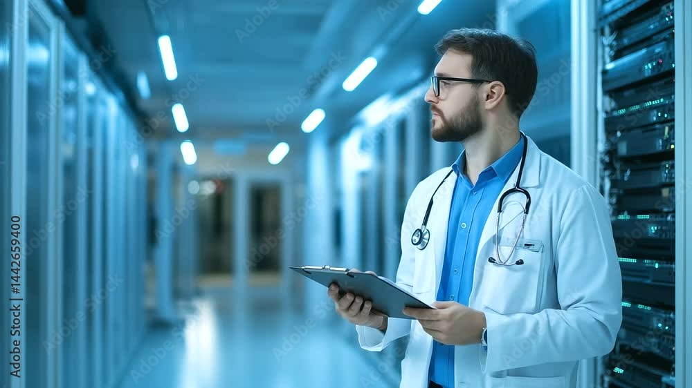 Poster focused network administrator holds clipboard, performing routine inspection inside a brightly lit d