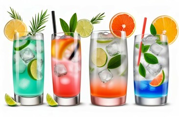 Gin and Tonic, Paloma cocktail set bundle, isolated background. Mixology, bar menu cocktails, colorful vibrant refreshing drink with garnish