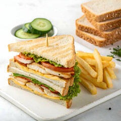 Delicious Club Sandwich with French Fries and Cucumber