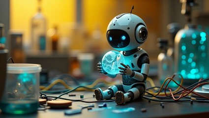 A cute humanoid robot with blue glowing eyes sits in a lab, holding a crystal globe, surrounded by bottles and wires.