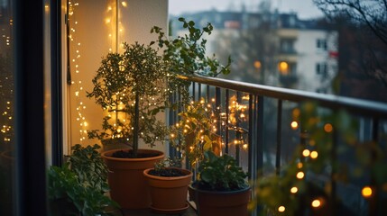 Cozy balcony garden at night