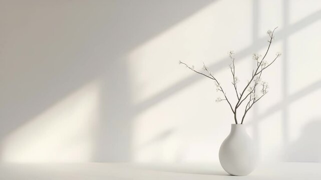 A white vase containing bare branches with small flowers, placed on a neutral surface. Soft shadows are cast on a light wall, emphasizing simplicity and minimalism.