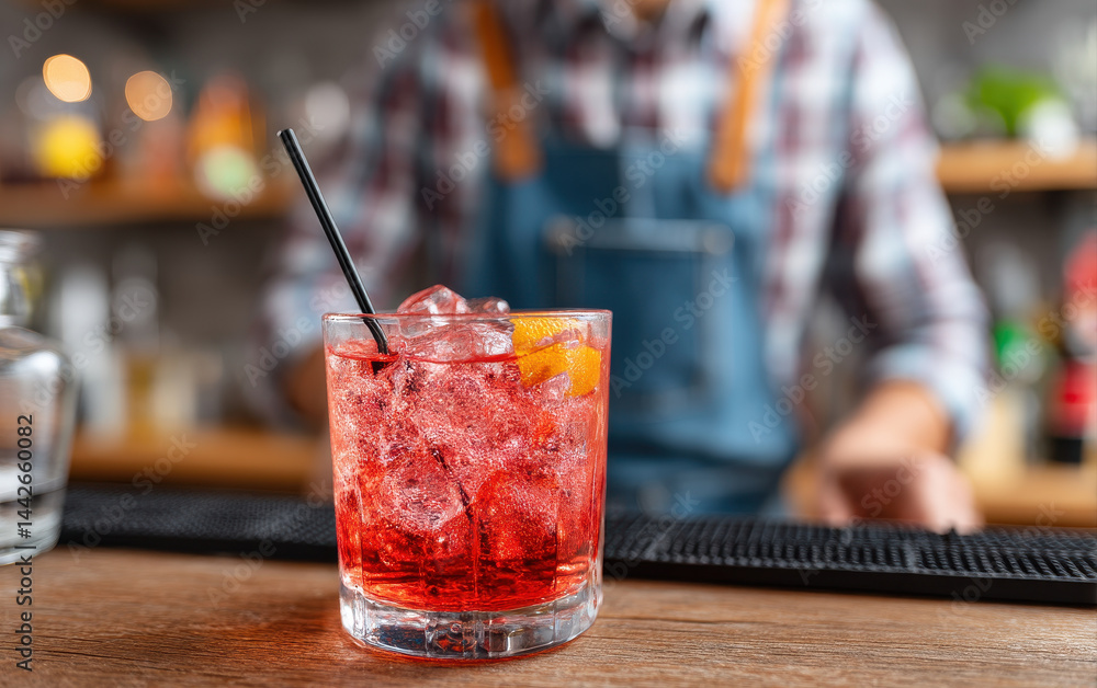 Poster refreshing red cocktail with ice and slice of orange, served at bar. bartender is in background, cre
