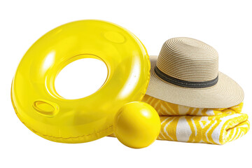 Colorful Inflatable Beach Ball And Straw Hat With Towel Summer Accessories isolated on a transparent background