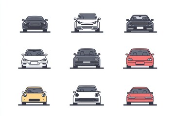 Nine car front and rear views, design icons, isolated, white background, automotive illustration