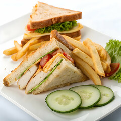 Delicious Club Sandwich with French Fries and Cucumber