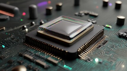 Realistic transparent cpu on a detailed circuit board showcasing modern technology and advanced computing power