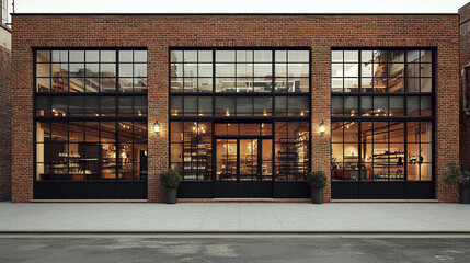 modern brick building with large windows showcasing stylish interior
