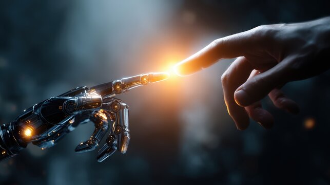 A hand firmly holding a robot illustrating the fusion of human intuition and artificial intelligence in modern technology