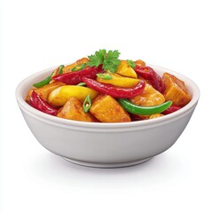 Spicy chili dish in a bowl isolated on a white background ready to be served for a delicious meal experience