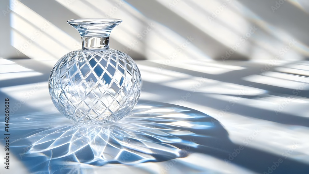 Poster a crystal vase with intricate diamond patterns casts shadows and light on a surface, creating a deco