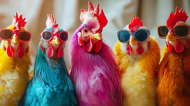 Group of colorful chickens wearing sunglasses shows funny and playful humor for farm animal,entertainment,and lighthearted concept visuals