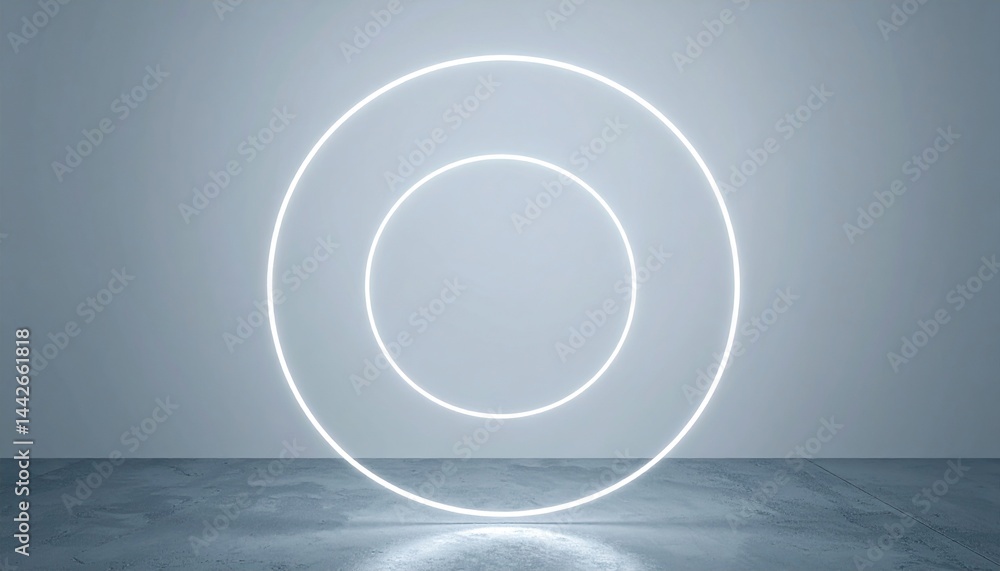 Poster dynamic light installation showcasing circular patterns contemporary gallery digital art minimalisti