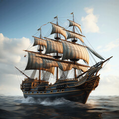 Classic Galleon with Billowing Sails.