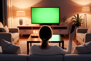 Young Woman Watching Blank Green Screen TV at Home – Television Mockup Concept,  TV mockup, blank TV screen, green screen display

