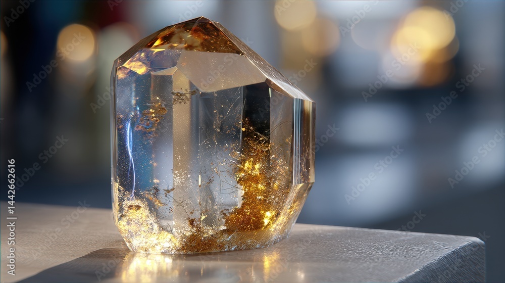 Poster single beautiful crystal displayed on a table highlighting its unique features and natural beauty in