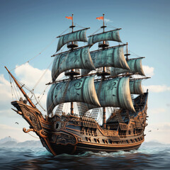 Historic Pirate Galleon with Sails Raised.