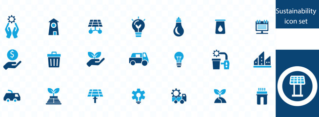 Sustainability icon set. waste, sustainable development, green, energy consumption, solar, save water, eco-friendly, AND MORE