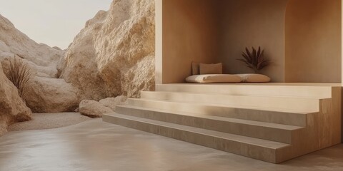 Minimalist beige interior design with stone walls.