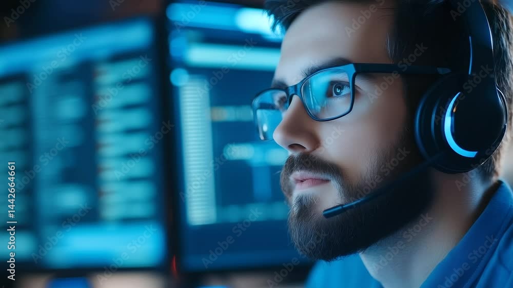 Poster man performs routine server maintenance while communicating via headset. real-time support, stable c