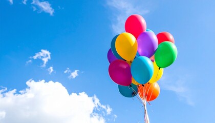 空に舞い上がるカラフルな風船と澄んだ青空、涼しい風を感じる清々しいシーンが広がる心地よい風景

