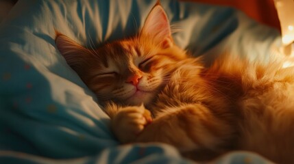 Adorable ginger kitten asleep in a cozy bed