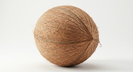 Single coconut with brown fibrous husk isolated on a white background.