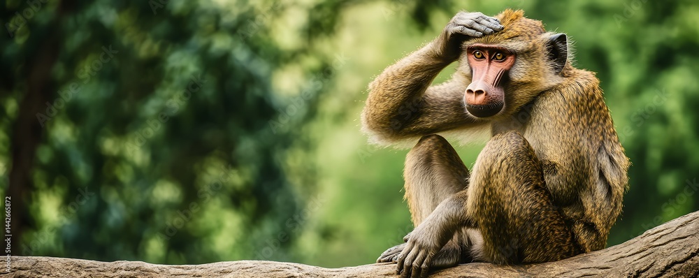 Poster monkey sitting on a branch pondering deeply with thoughtful expression