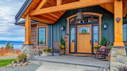 Entrance of luxury house: outdoor landscape under blue sky, simple beauty in natural light