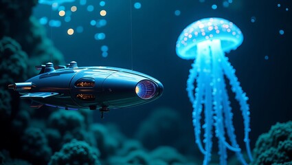 A futuristic submarine glides through a vibrant underwater landscape, illuminated by glowing jellyfish.