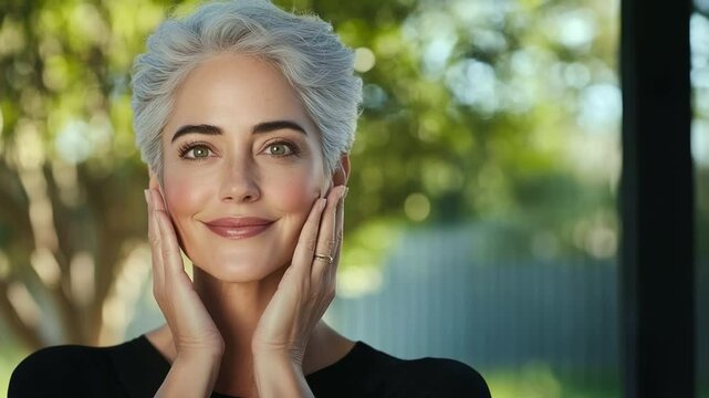 Middle-aged woman looks at herself with a serene smile, her hands softly touching her glowing face as she enjoys the effects of a premium anti-aging product. Natural light enhances
