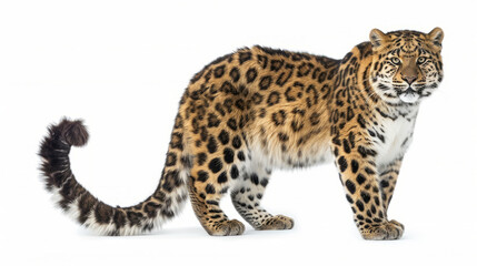 Obraz premium Red Book Amur Leopard - standing, tail curled, gazing forward, isolated on white background