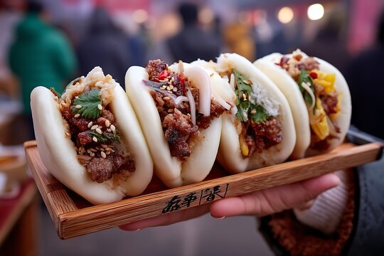Fluffy bao buns filled with savory delights, steamed to perfection and served as street food in a bustling city market, embodying comfort and joy in every bite. 