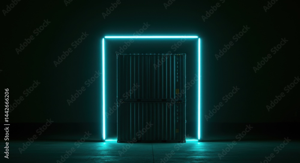 Poster glowing neon frame surrounding a dark doorway in digital rendering
