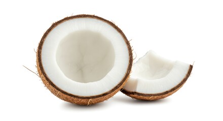 Cut coconut with white flesh and brown shell on white background.