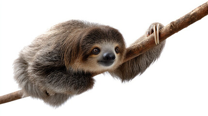 Red Book Pygmy Three-Toed Sloth - hanging from branch, looking at camera, isolated on white background