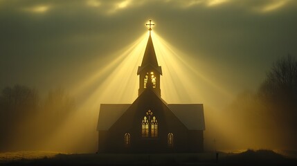 Fototapeta premium Church, dawn, foggy field, divine light, hope, faith, spirituality, religious, worship, serenity