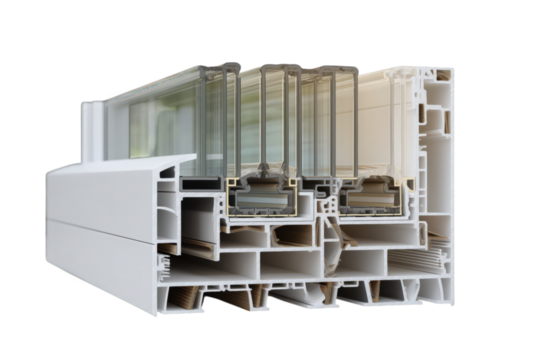 Cross Section Of Plastic Window Frame With Multiple Glass Layers isolated on a transparent background